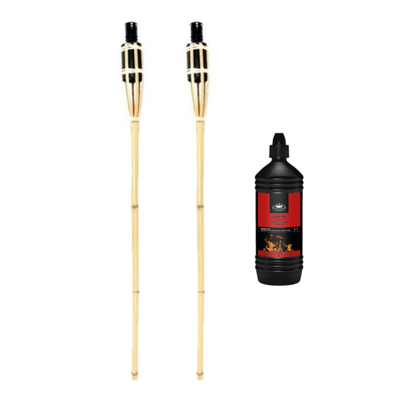 2x Bamboe tuinfakkel 90 cm inclusief heldere lampolie-fakkelolie 1 liter