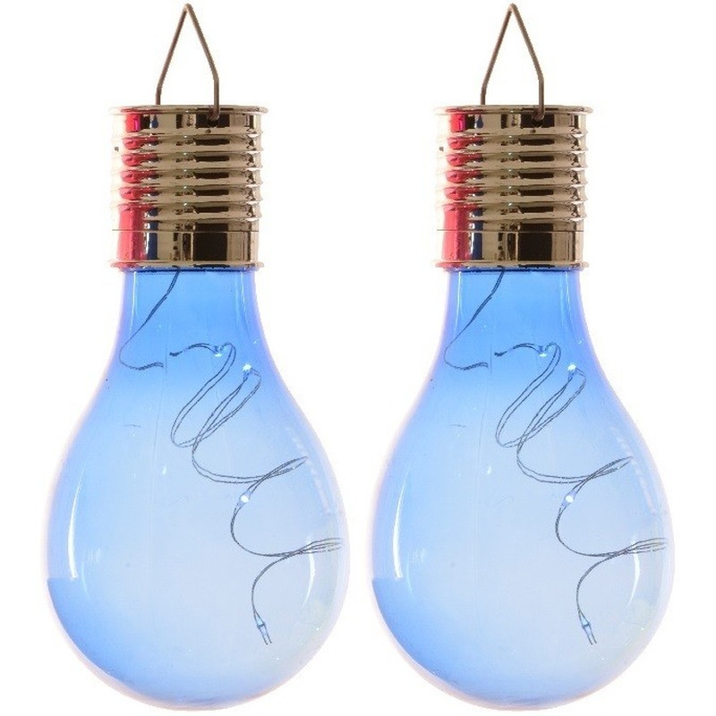 2x Buitenlampen-tuinlampen lampbolletjes-peertjes 14 cm blauw