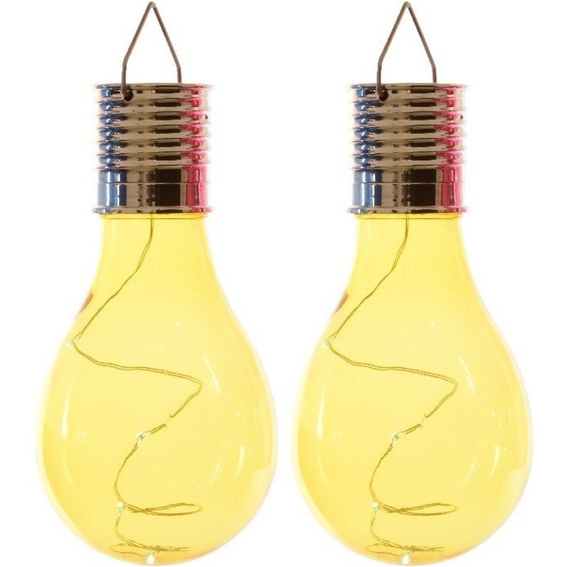 2x Buitenlampen-tuinlampen lampbolletjes-peertjes 14 cm geel