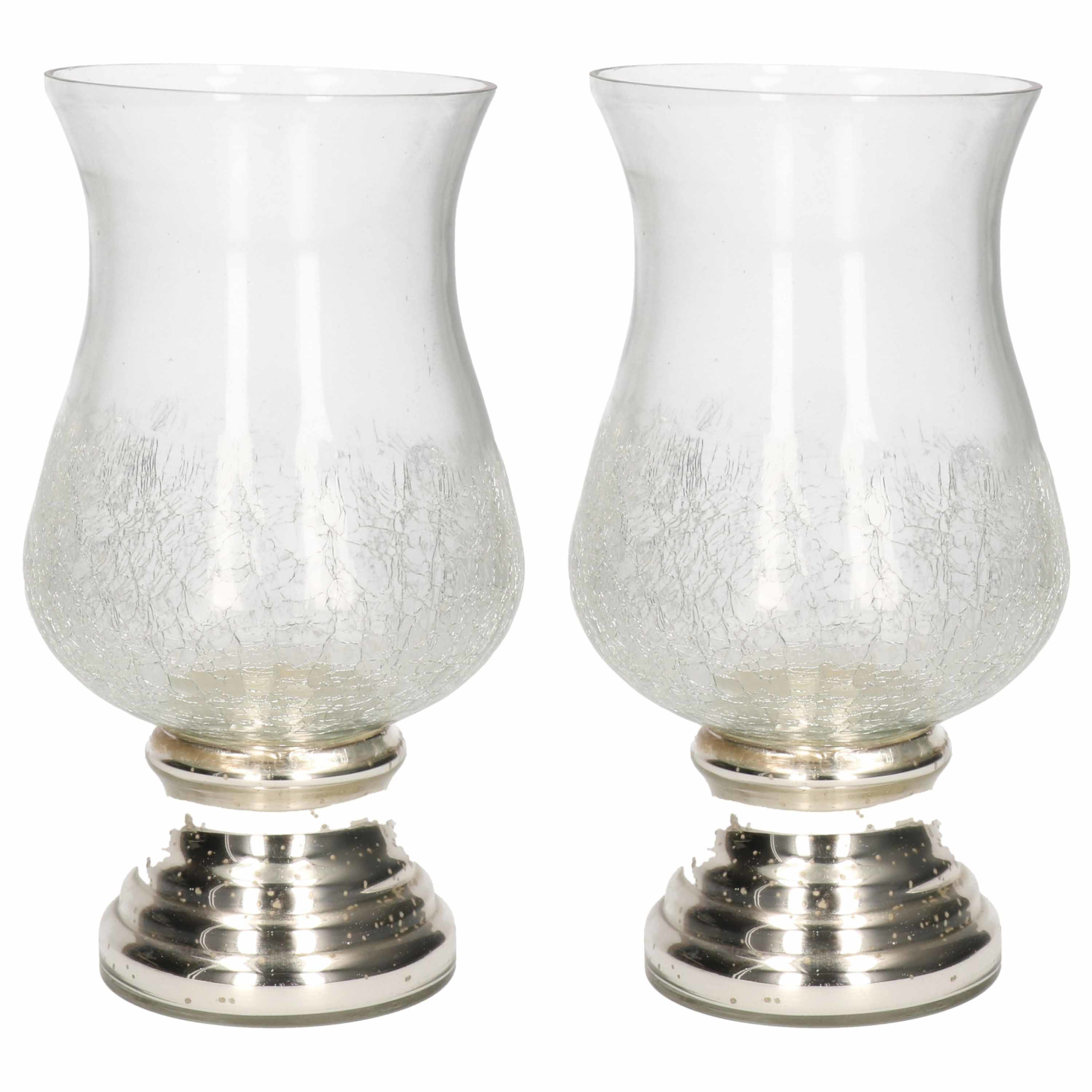 2x Craquele glazen kaarsenhouders voor theelichtjes-waxinelichtjes met zilveren voet 24 cm