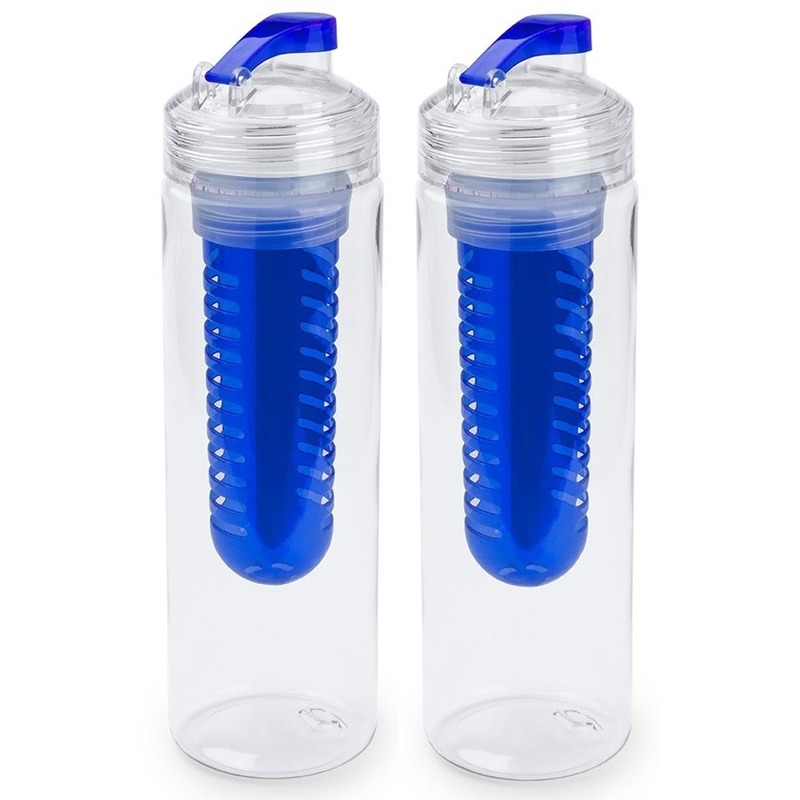 2x Drinkfles-waterfles tranparant met blauw fruit filter 700 ml