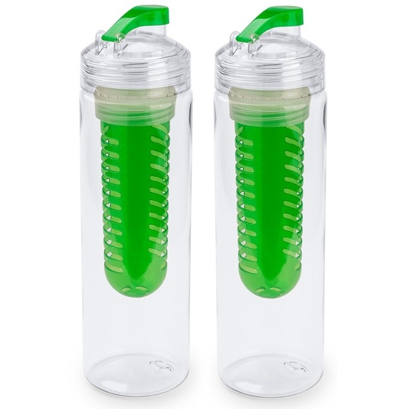 2x Drinkfles-waterfles tranparant met groen fruit filter 700 ml