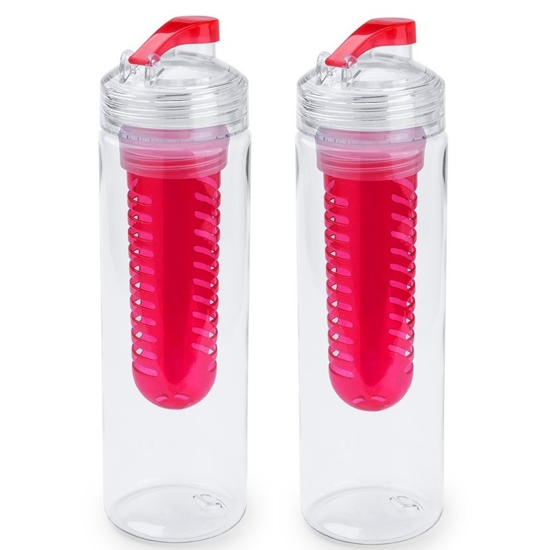 2x Drinkfles-waterfles tranparant met rood fruit filter 700 ml