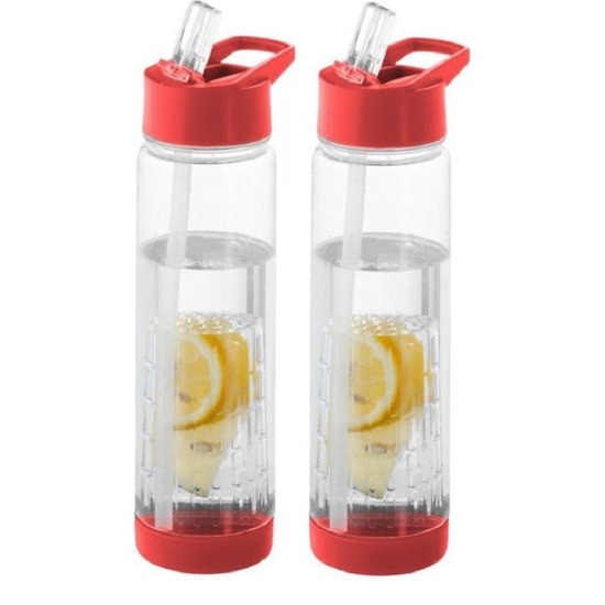 2x Drinkflessen-waterflessen tranparant met rood fruit filter 740 ml