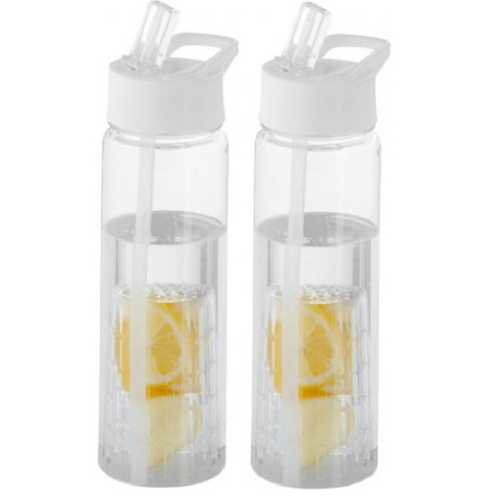 2x Drinkflessen-waterflessen tranparant met wit fruit filter 740 ml