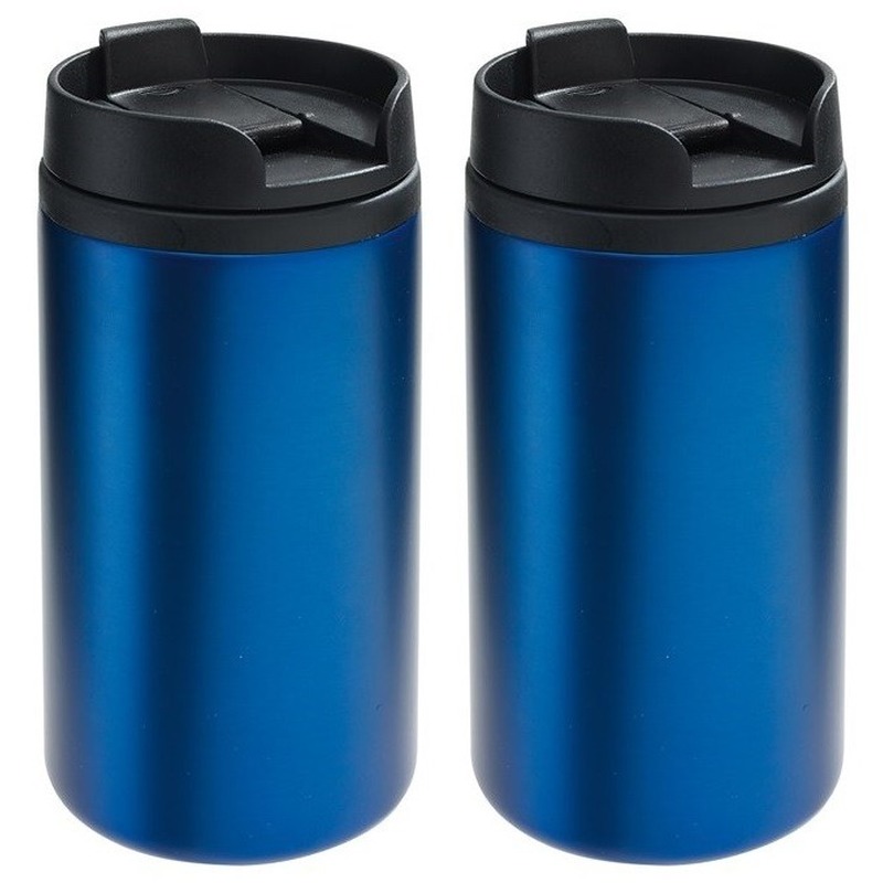 2x Dubbelwandige thermobekers metallic blauw 290 ml