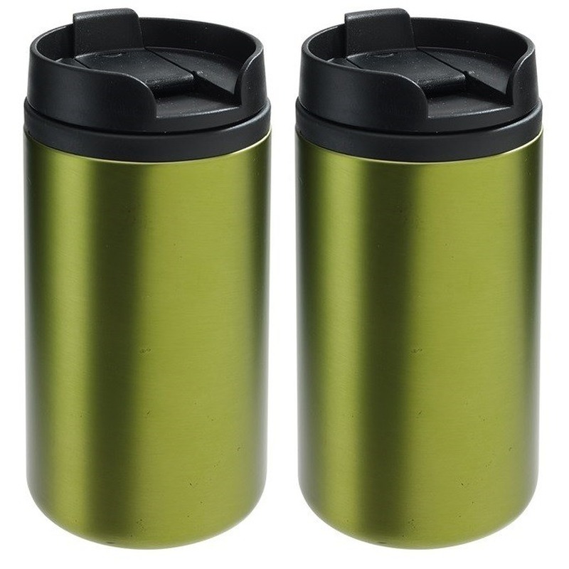 2x Dubbelwandige thermobekers metallic groen 290 ml