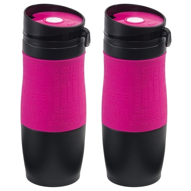 2x Dubbelwandige thermobekers roze-zwart 380 ml