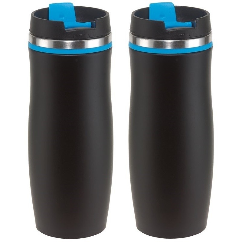 2x Dubbelwandige thermobekers zwart-blauw 400 ml