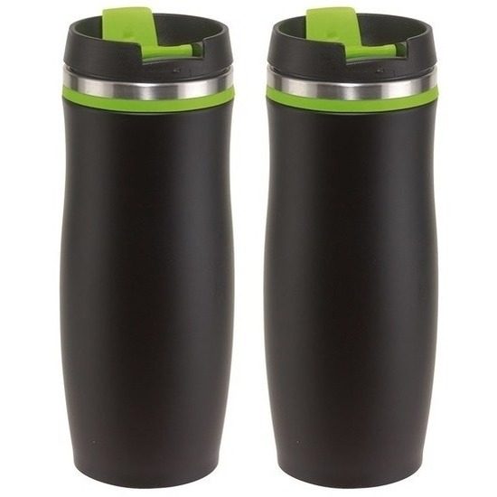 2x Dubbelwandige thermobekers zwart-groen 400 ml