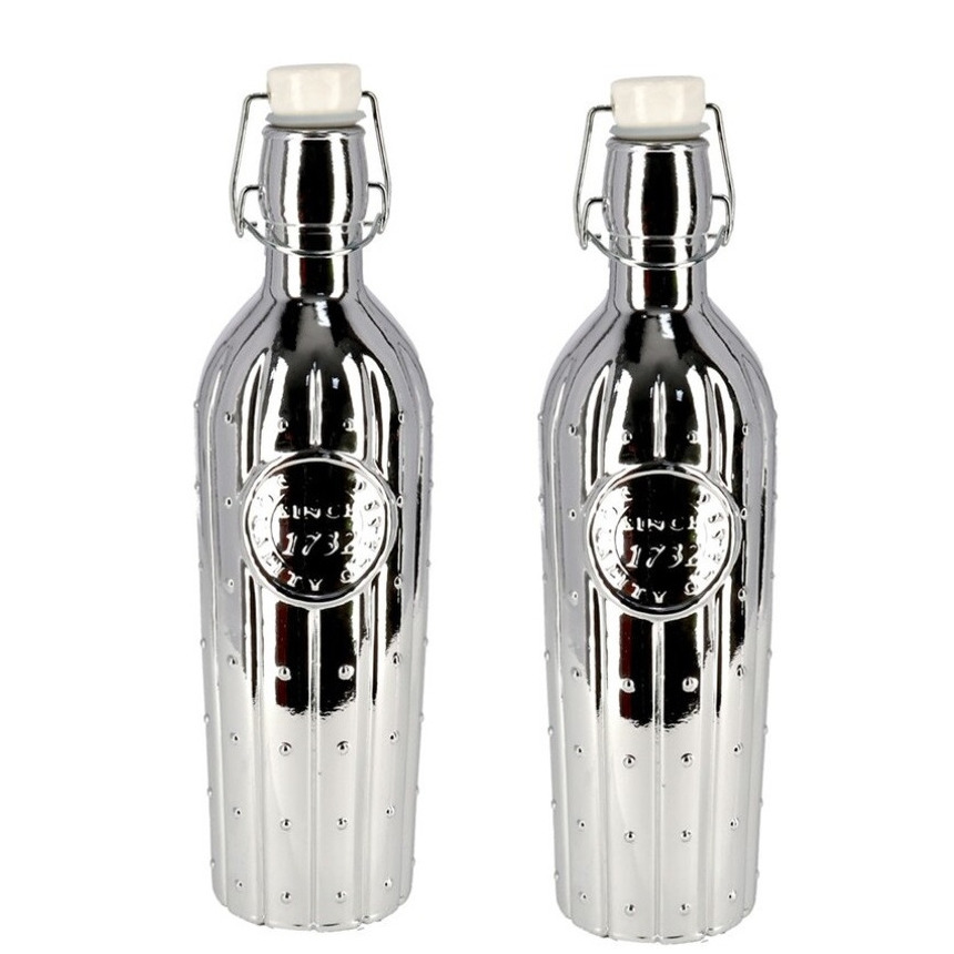 2x Glazen decoratie flessen zilver met beugeldop 1 liter