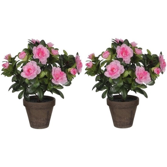 2x Groene Azalea kunstplanten met roze bloemen 27 cm met pot stan grey
