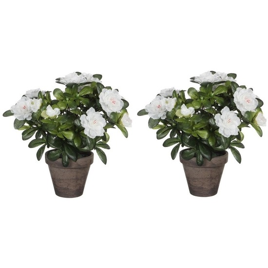 2x Groene Azalea kunstplanten met witte bloemen 27 cm met pot stan grey