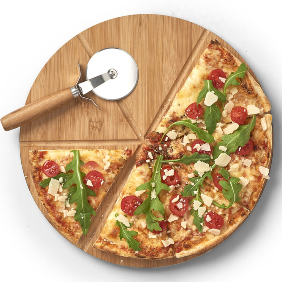 2x Houten snij-serveerplanken voor pizza 32 cm incl. mes