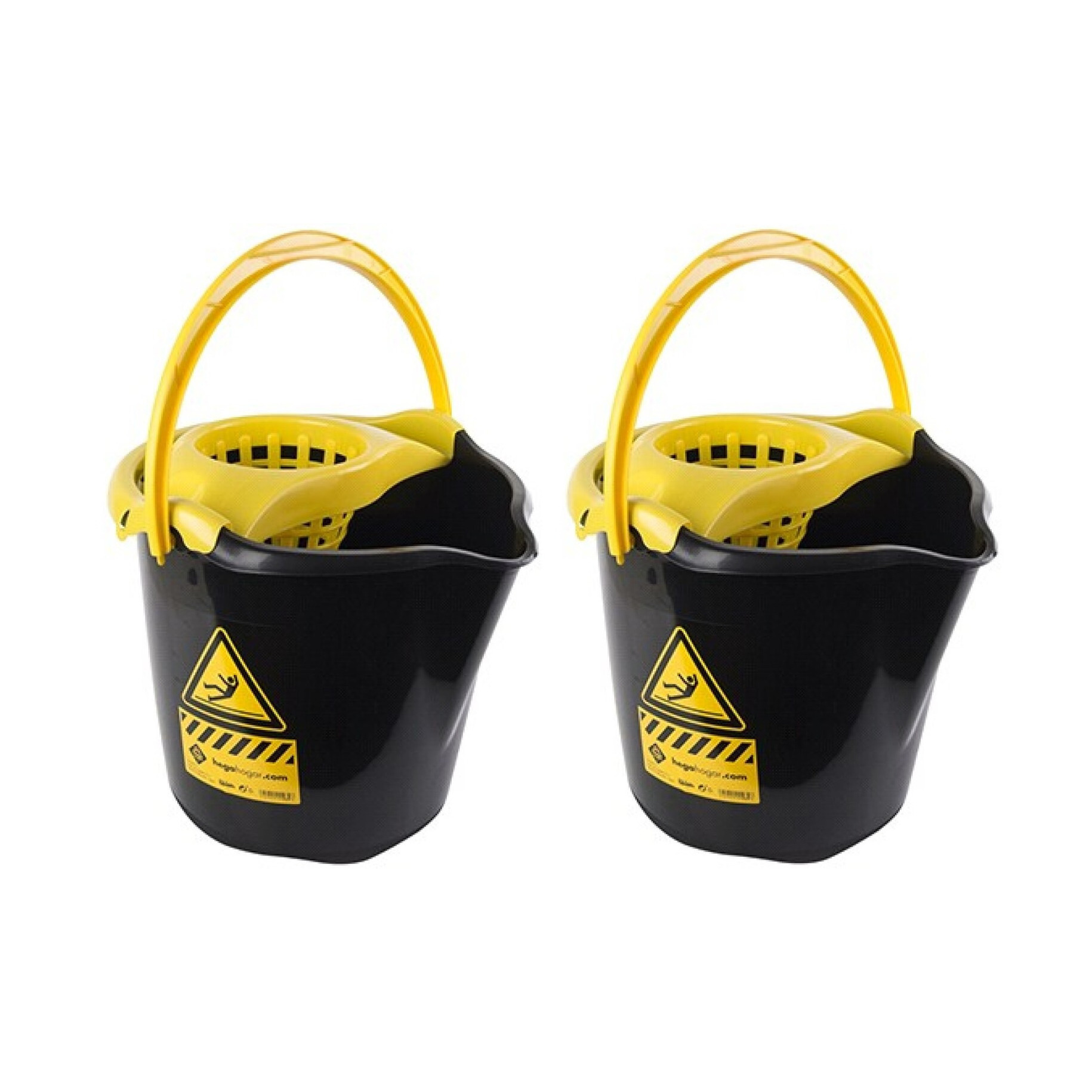 2x Huishoudemmers met dweil houder 13,5 liter zwart-geel caution 32 x 30 cm