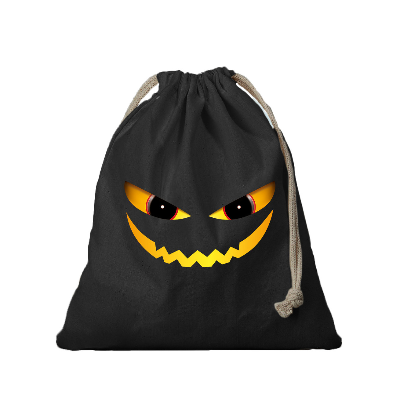 2x Katoenen Halloween snoep tasje duivel gezicht zwart 25 x 30 cm