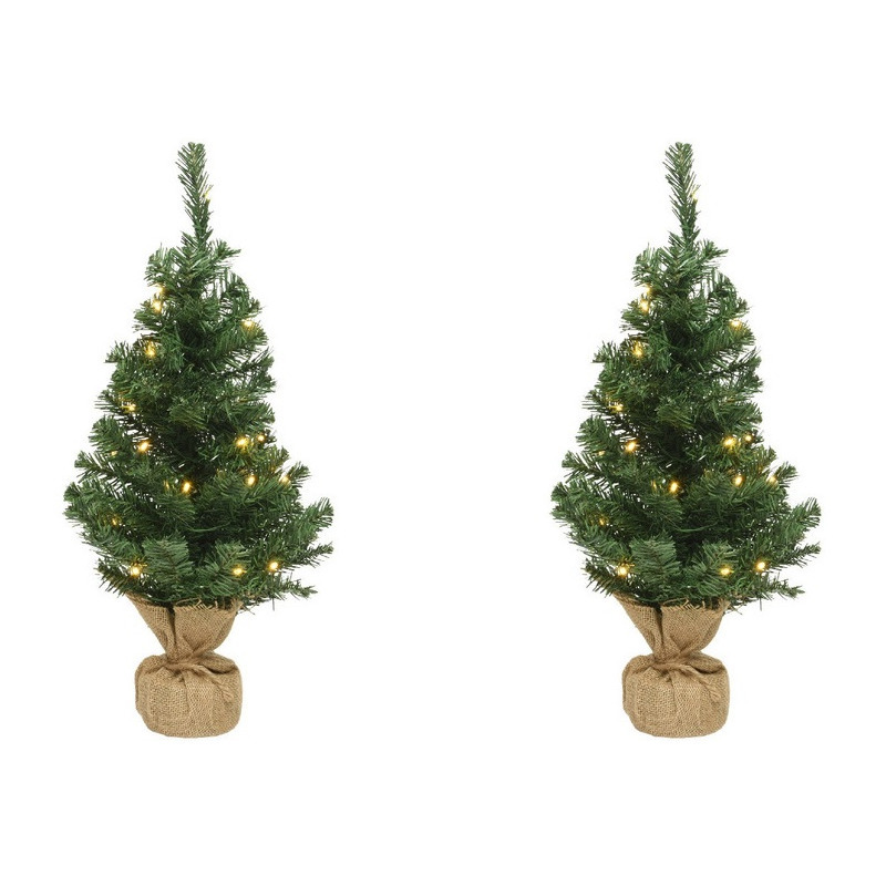 2x Kerst kerstbomen groen in jute zak met verlichting 45 cm