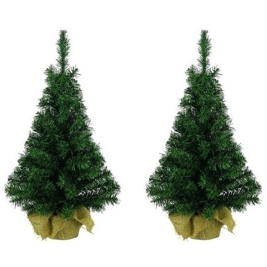 2x Kerst kunstbomen groen in jute zak 45 cm