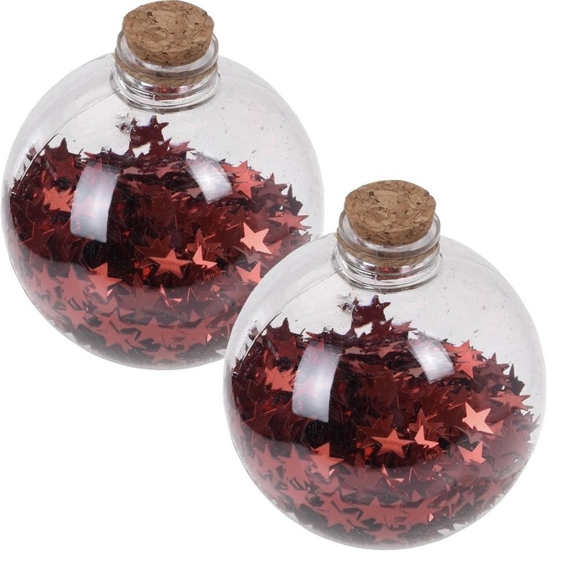 2x Kerstballen transparant-rood 8 cm met rode sterren kunststof kerstboom versiering-decoratie