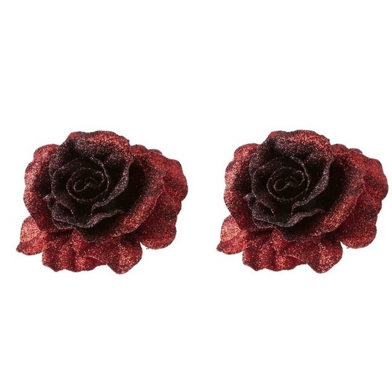 2x Kerstversieringen glitter roos rood op clip 10 cm