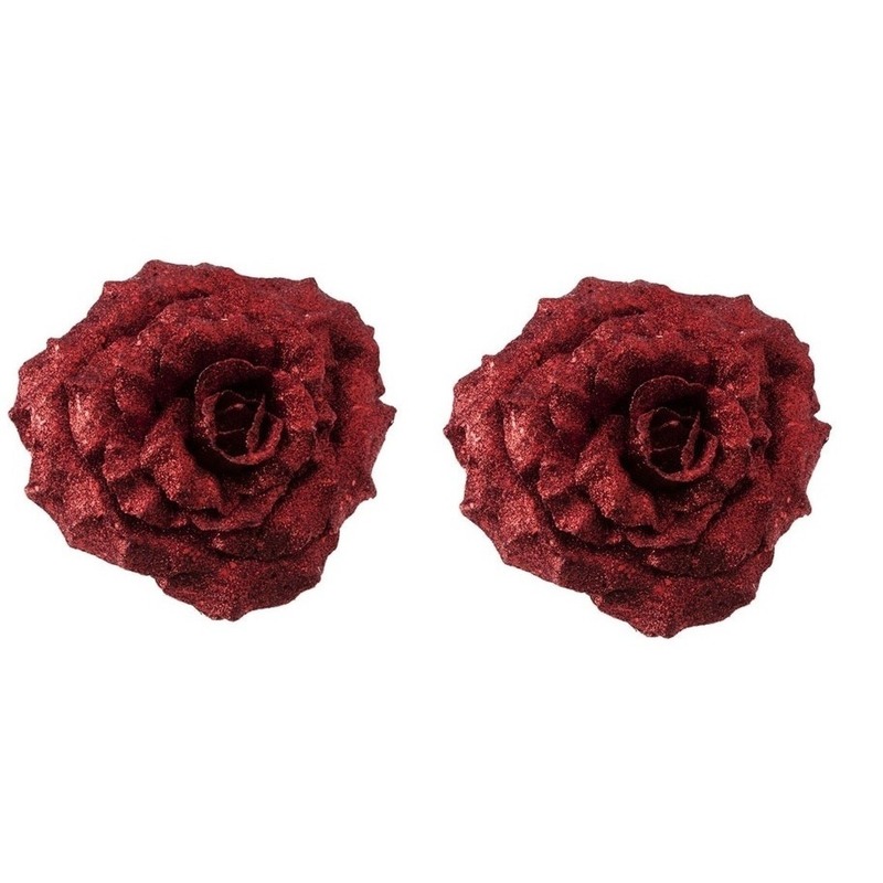 2x Kerstversieringen glitter roos rood op clip 18 cm