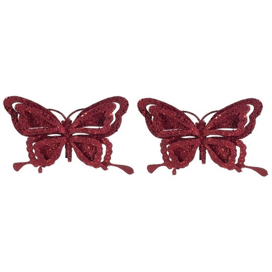 2x Kerstversieringen vlinder op clip glitter bordeaux rood 14 cm