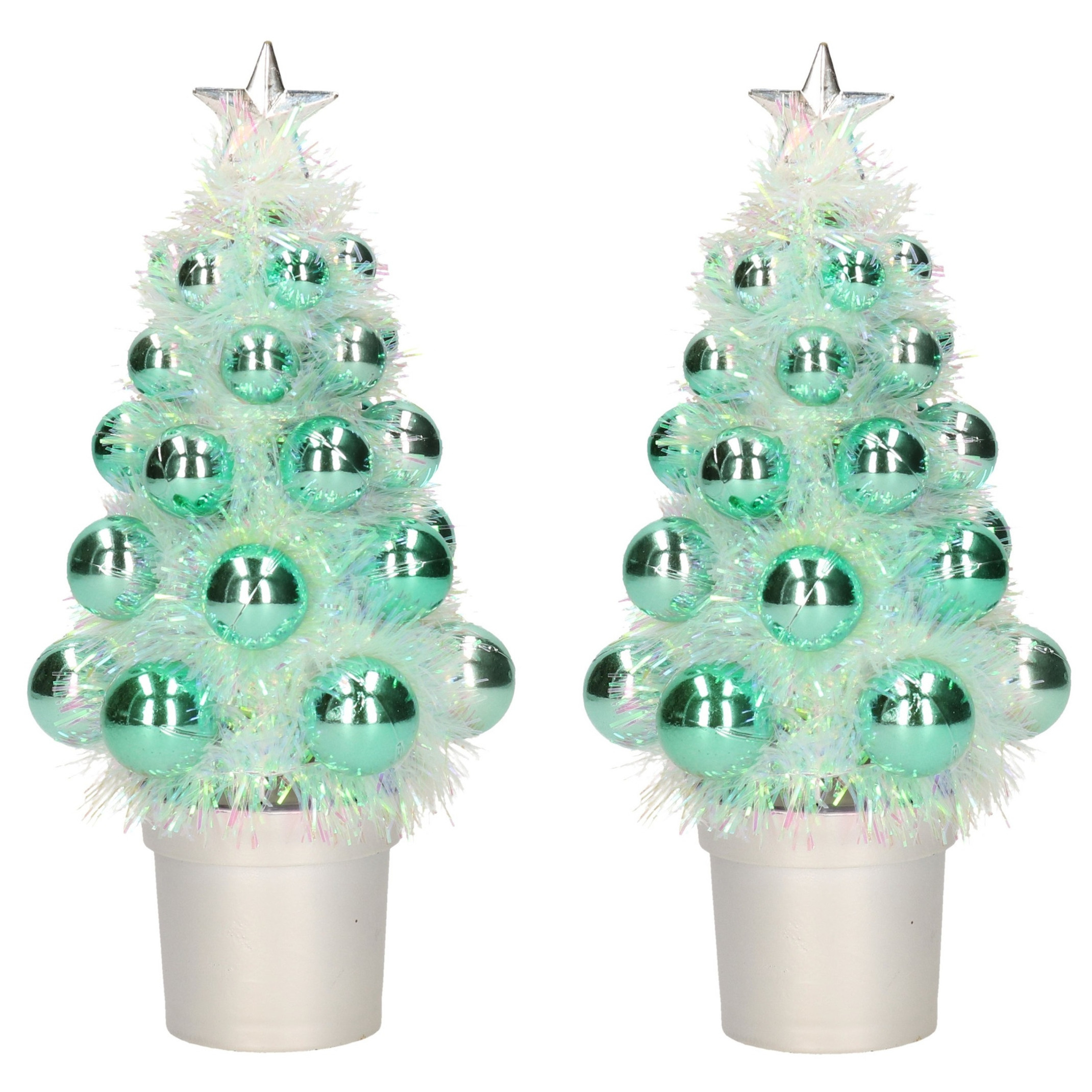 2x Mini kunst kerstboompje mint groen met kerstballen 19 cm