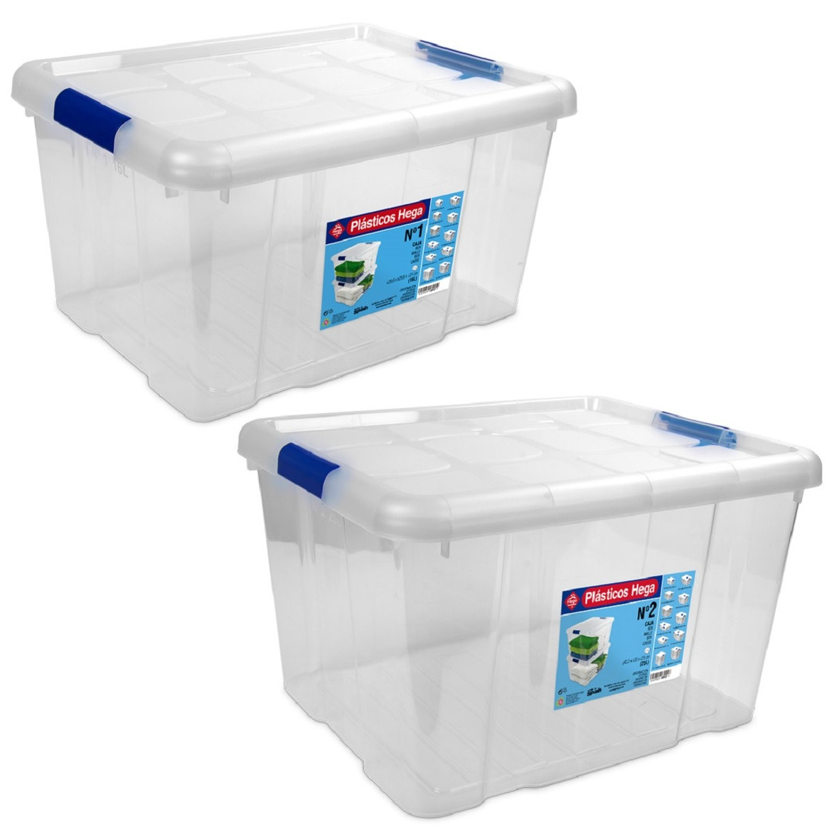 2x Opbergboxen-opbergdozen met deksel 16 en 25 liter kunststof transparant-blauw