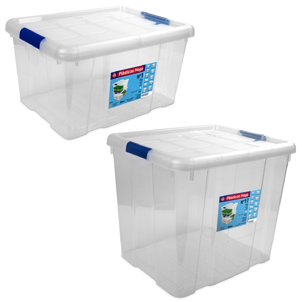2x Opbergboxen-opbergdozen met deksel 16 en 35 liter kunststof transparant-blauw
