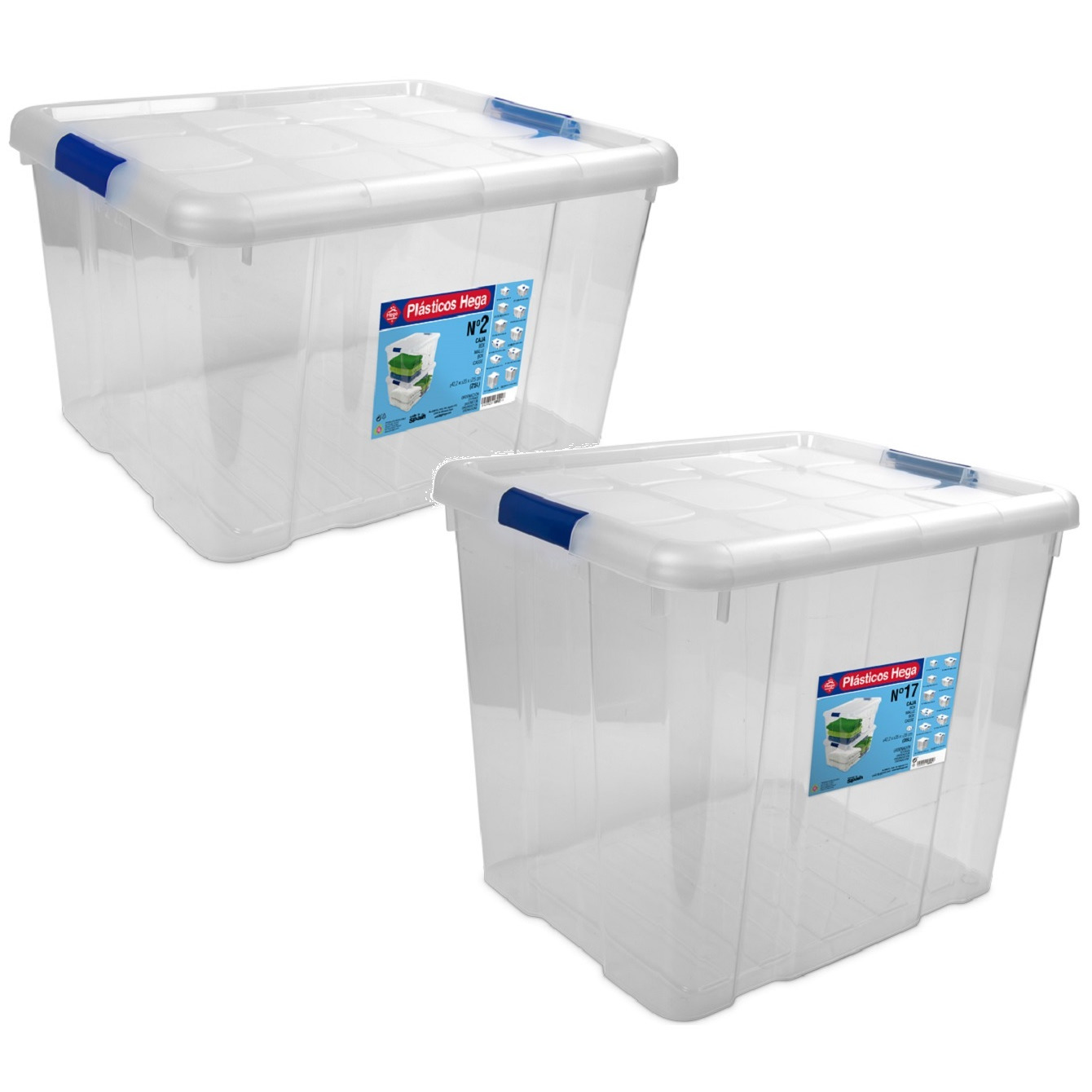 2x Opbergboxen-opbergdozen met deksel 25 en 35 liter kunststof transparant-blauw