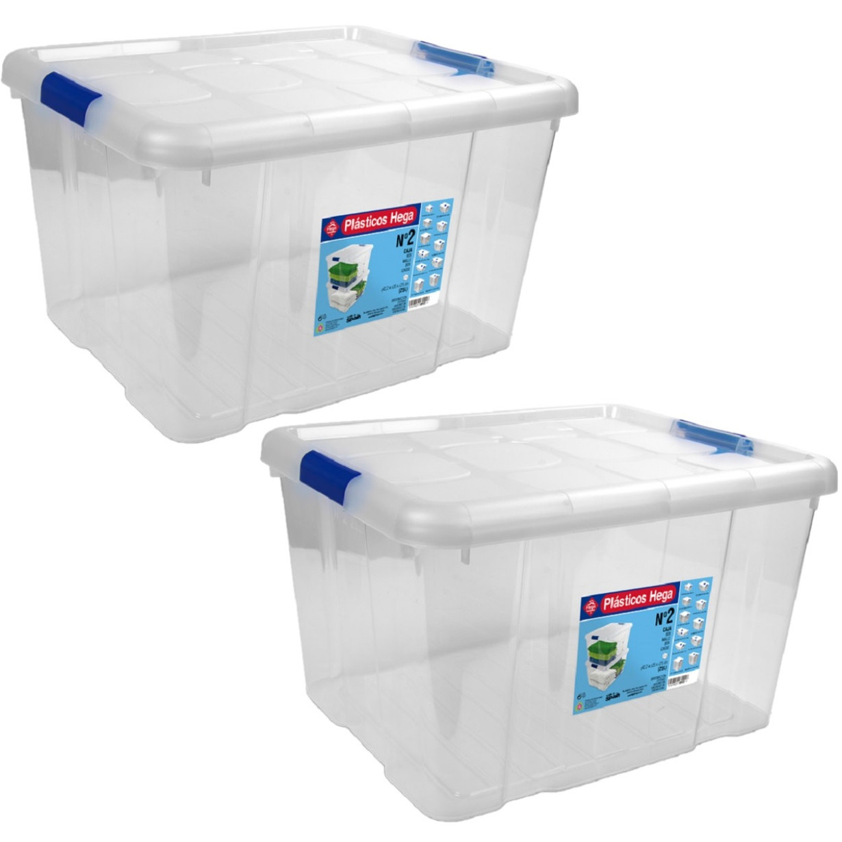 2x Opbergboxen-opbergdozen met deksel 25 liter kunststof transparant-blauw