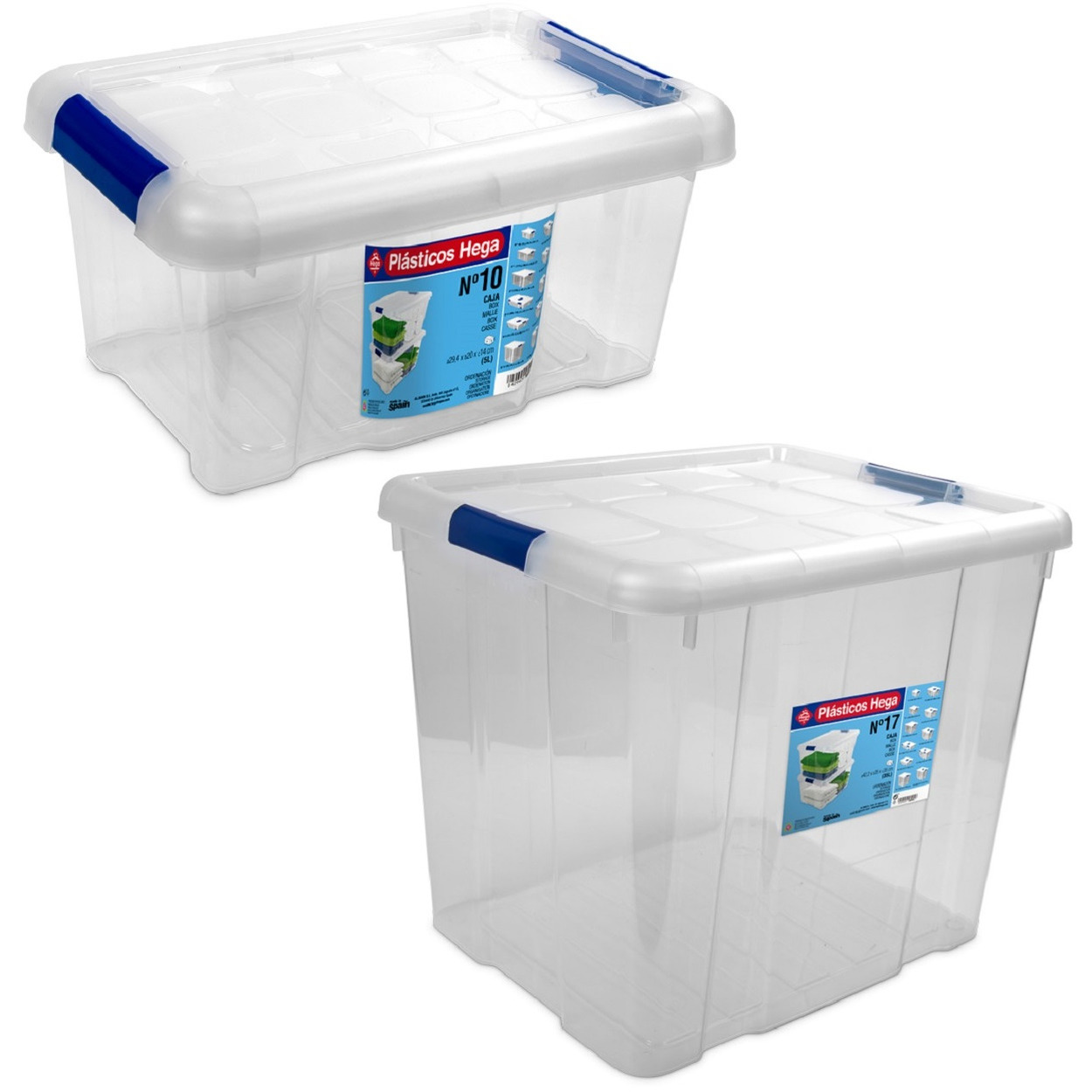 2x Opbergboxen-opbergdozen met deksel 5 en 35 liter kunststof transparant-blauw