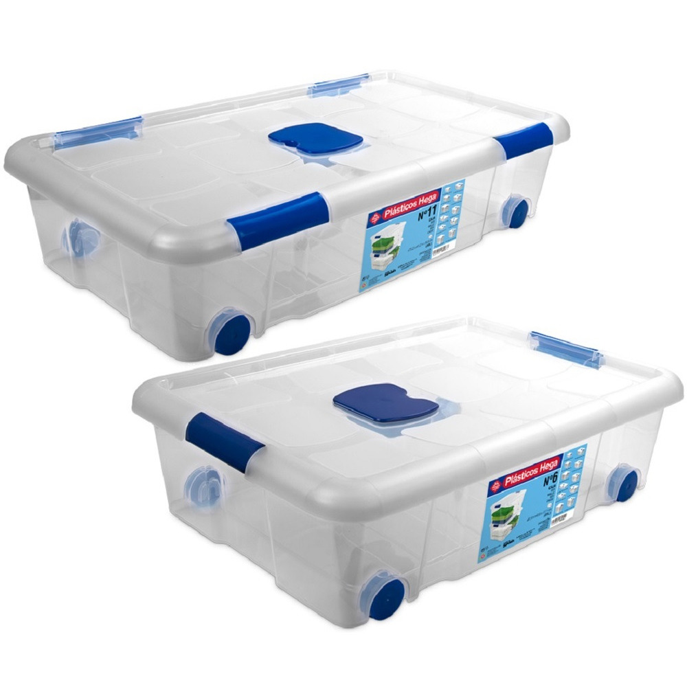 2x Opbergboxen-opbergdozen met deksel en wieltjes 30 en 31 liter kunststof transparant-blauw