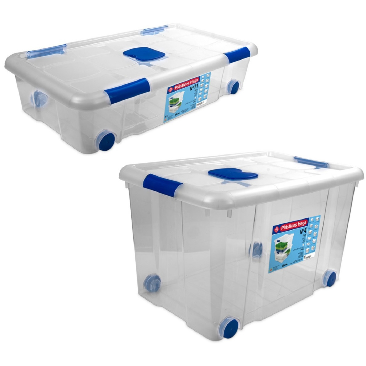 2x Opbergboxen-opbergdozen met deksel en wieltjes 30 en 55 liter kunststof transparant-blauw