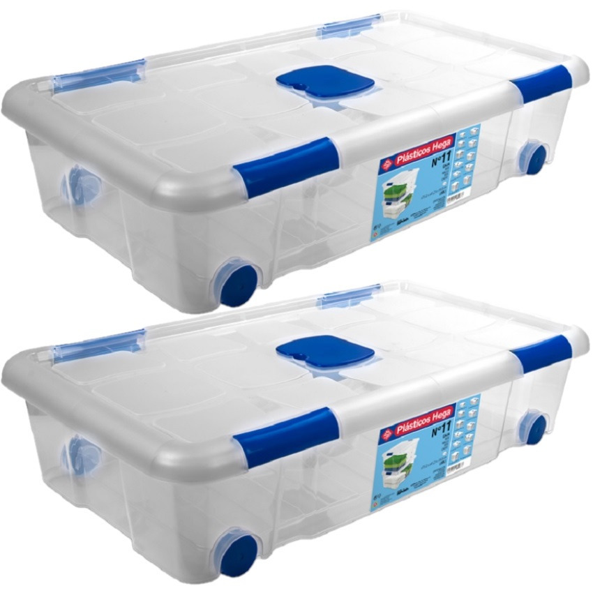 2x Opbergboxen-opbergdozen met deksel en wieltjes 30 liter kunststof transparant-blauw
