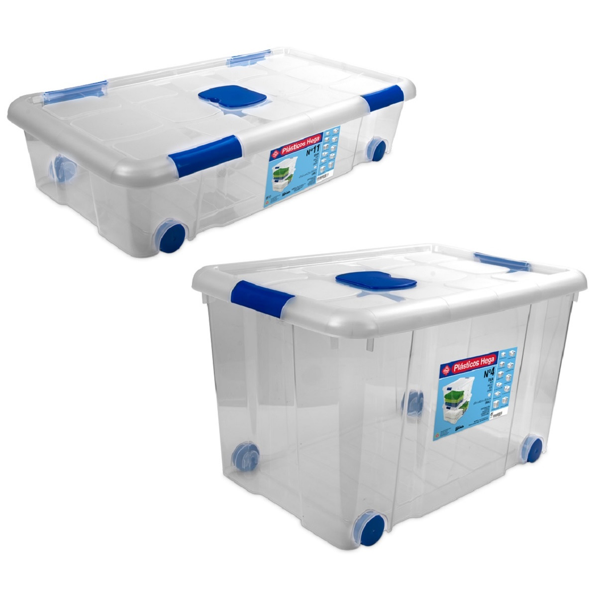 2x Opbergboxen-opbergdozen met deksel en wieltjes 31 en 55 liter kunststof transparant-blauw