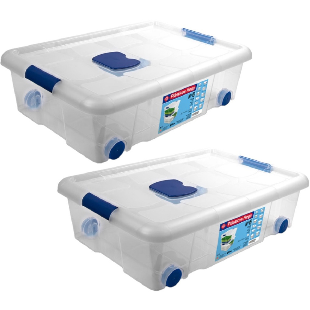 2x Opbergboxen-opbergdozen met deksel en wieltjes 31 liter kunststof transparant-blauw