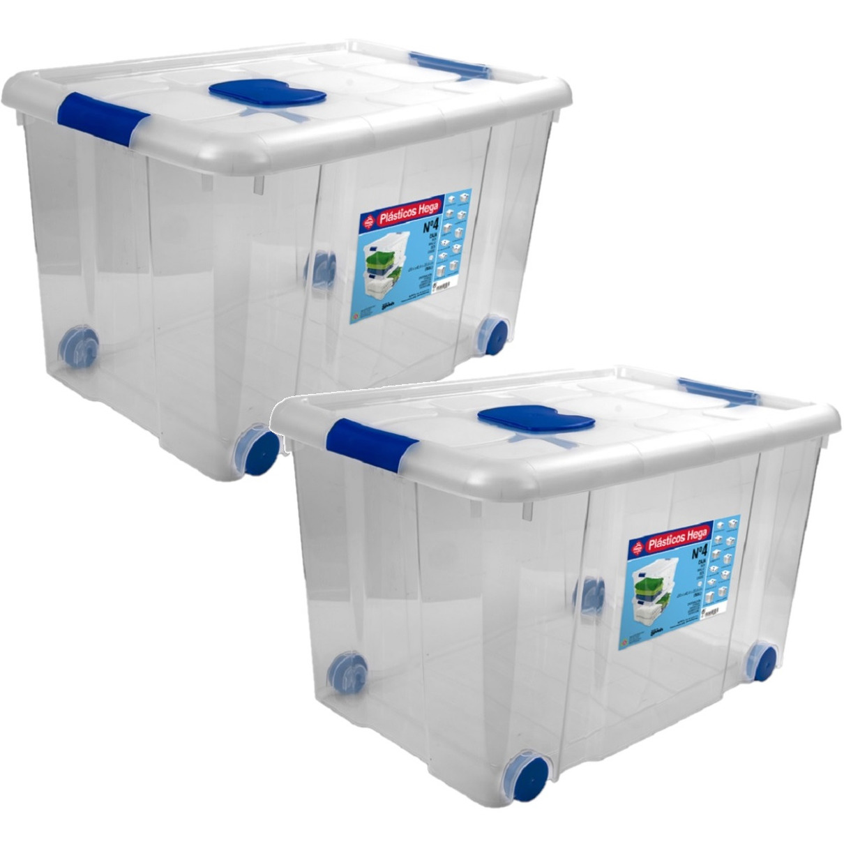 2x Opbergboxen-opbergdozen met deksel en wieltjes 55 liter kunststof transparant-blauw