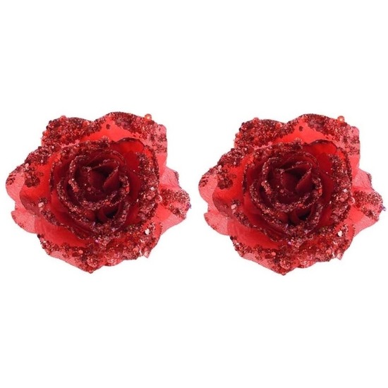 2x Rode glitter rozen met clip