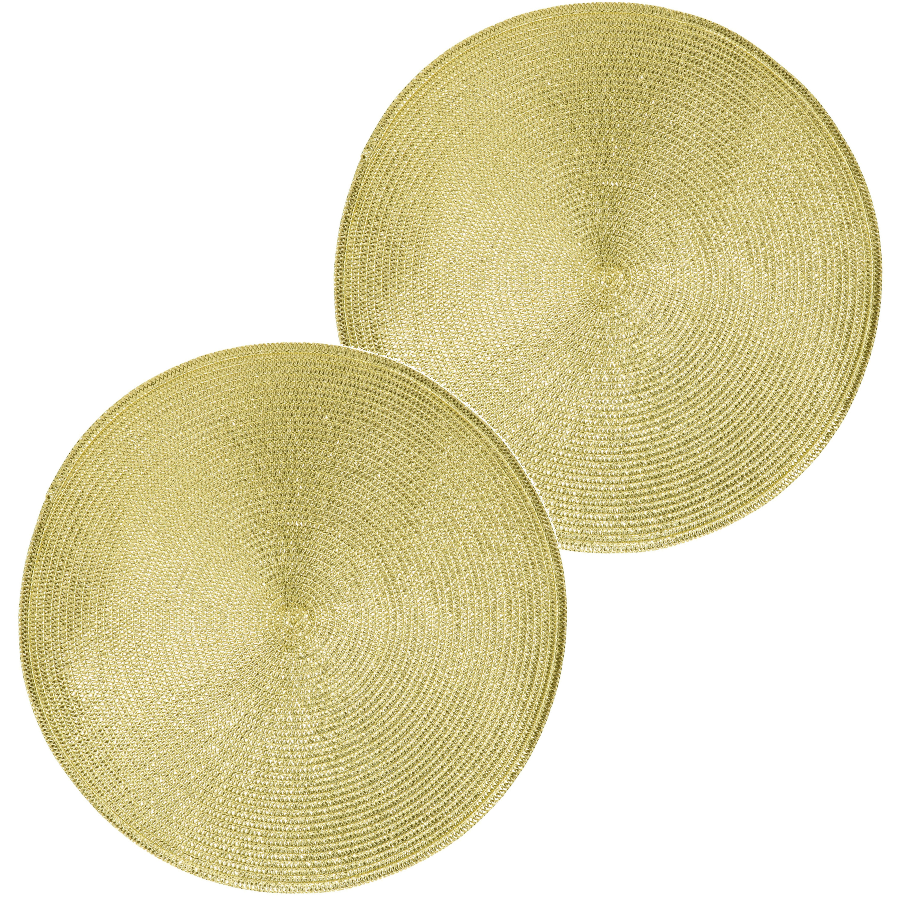 2x Ronde kerst placemats glimmend goud 38 cm geweven-gevlochten