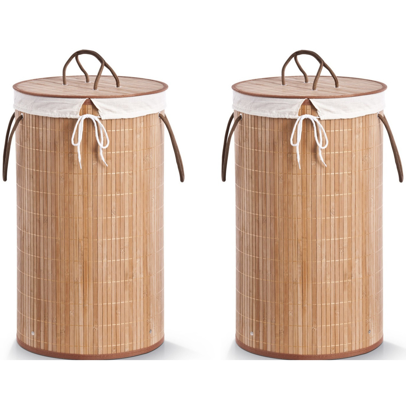 2x Ronde luxe wasgoedmanden van bamboe hout 35 x 60 cm