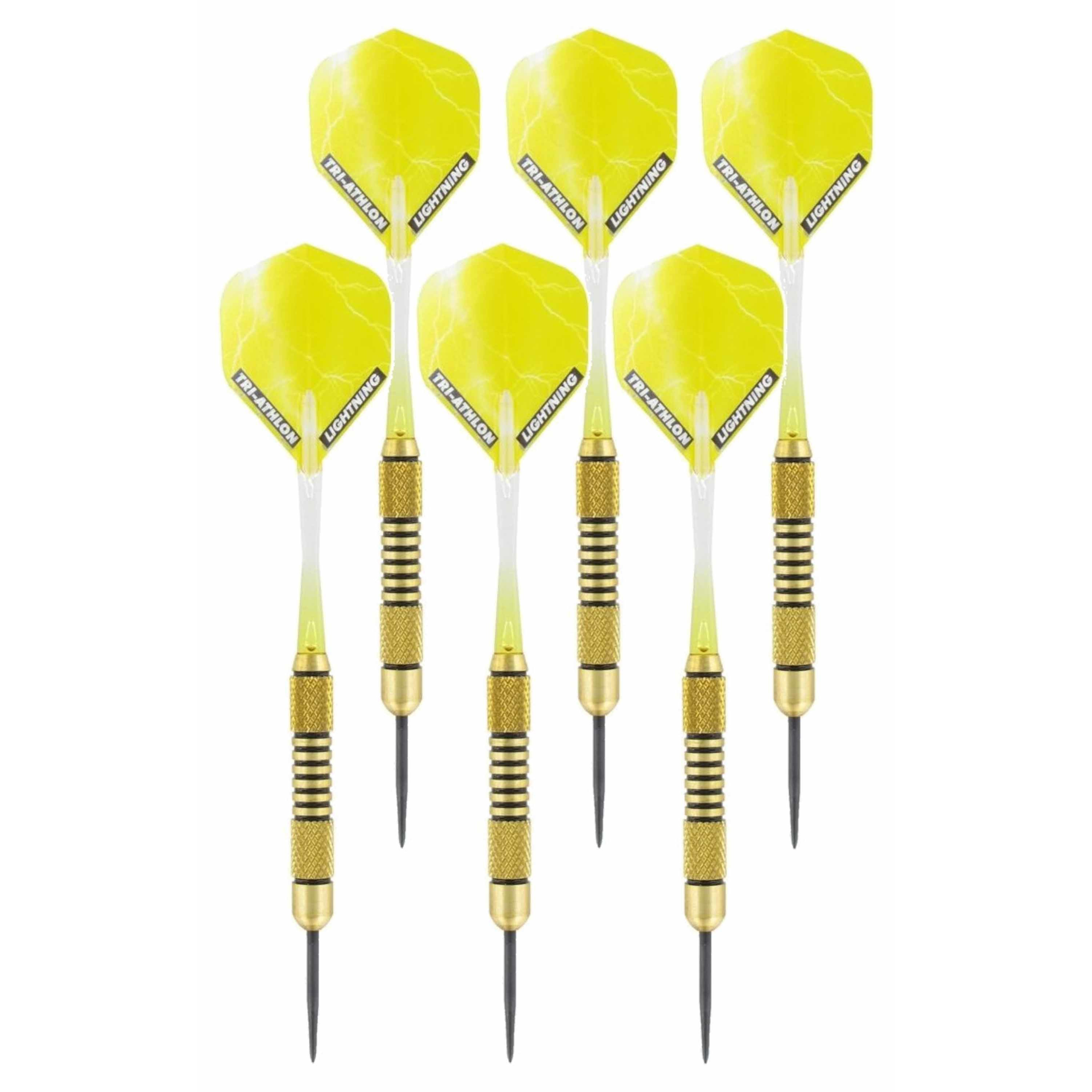 2x Set van dartpijltjes Speedy Yellow Brass met Metallic Lightning flites 19 grams