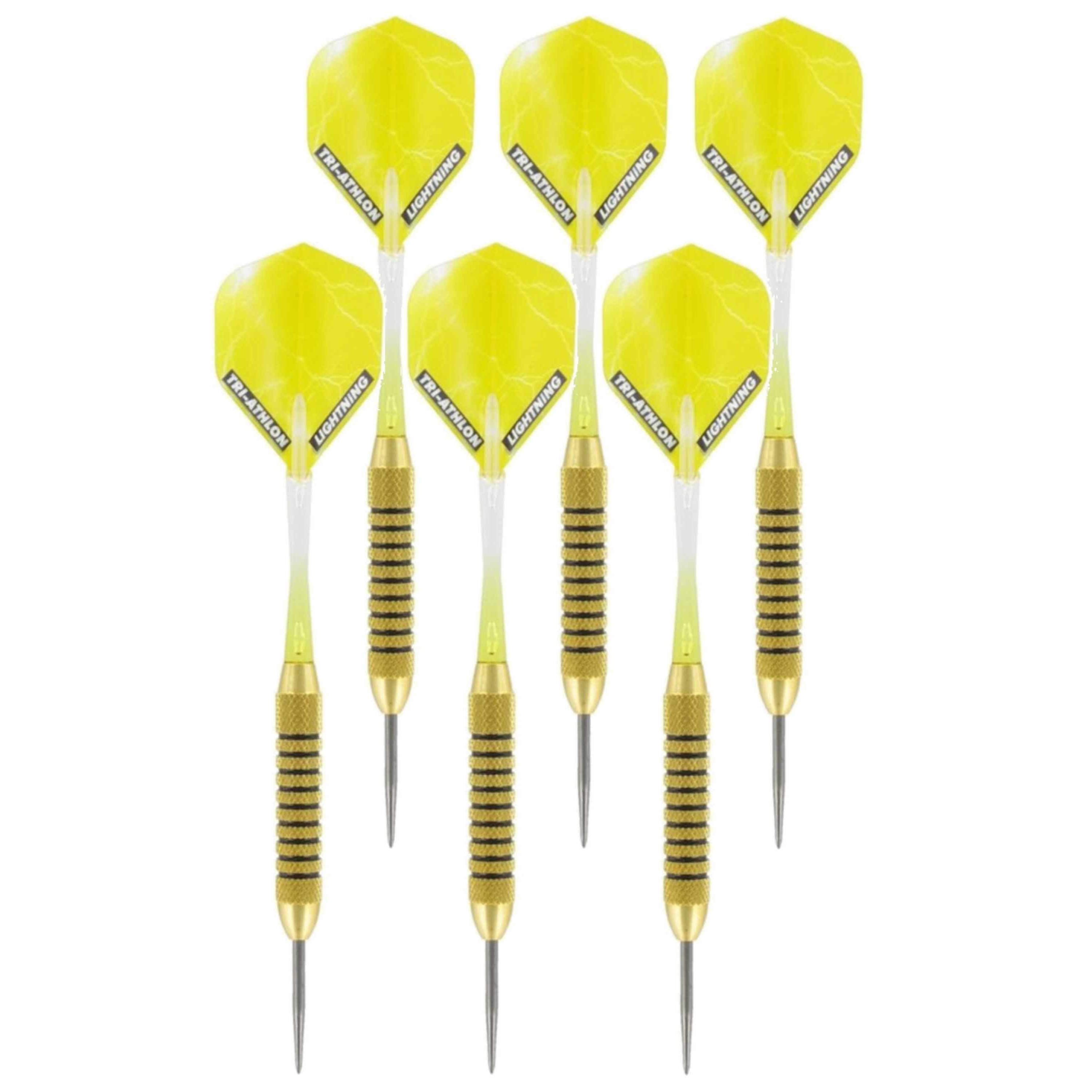 2x Set van dartpijltjes Speedy Yellow Brass met Metallic Lightning flites 21 grams