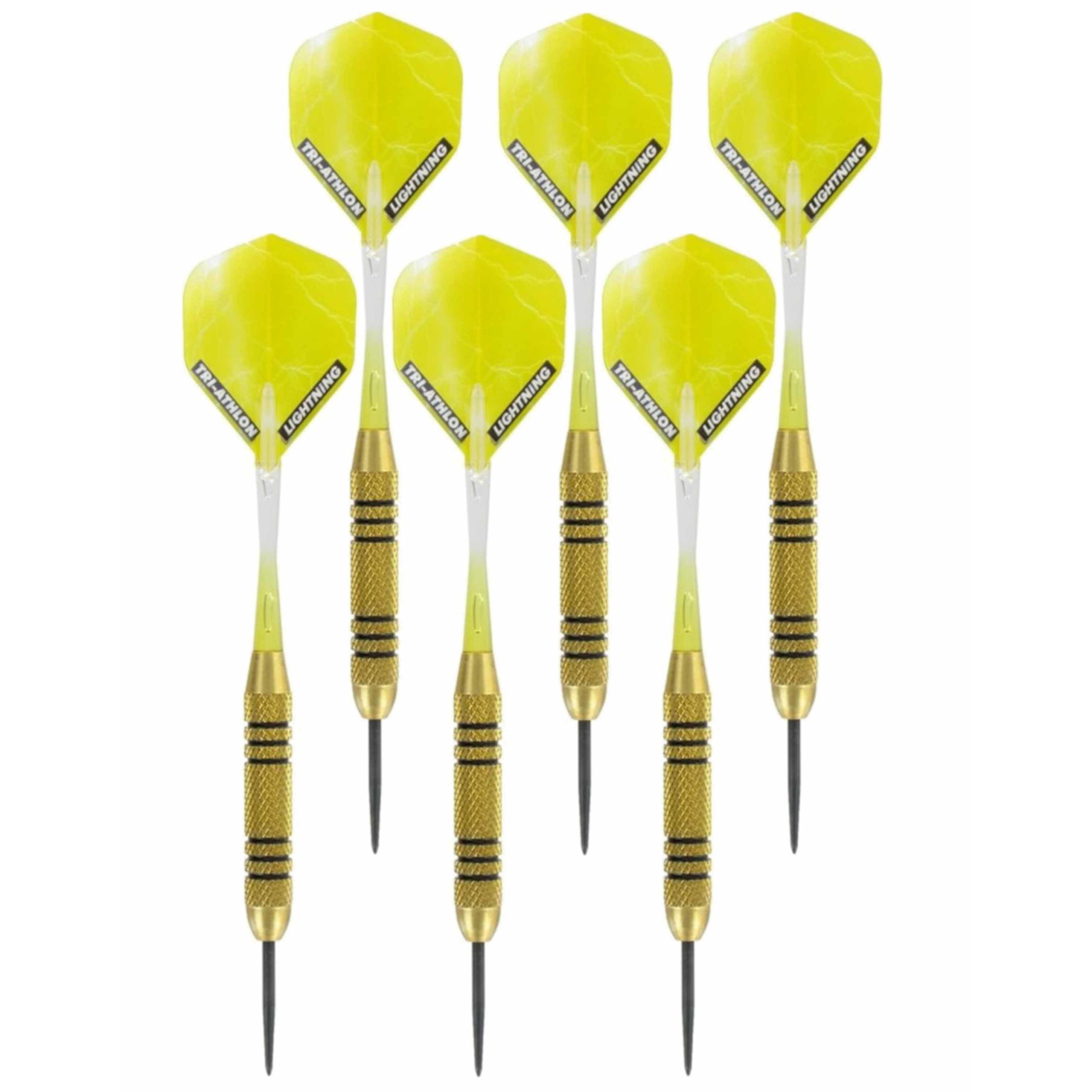 2x Set van dartpijltjes Speedy Yellow Brass met Metallic Lightning flites 23 grams