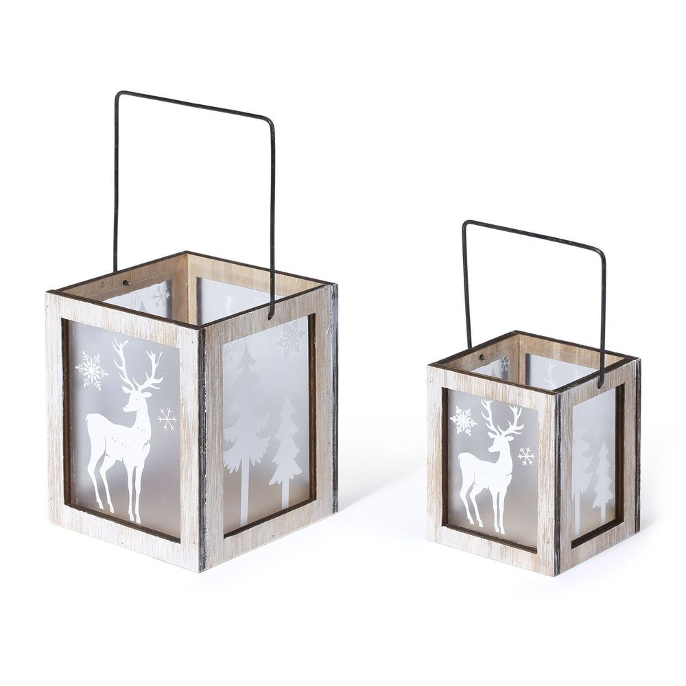2x sets van 2x stuks kerst lantaarns-windlichten met rendieren print 8,5 en 11 cm