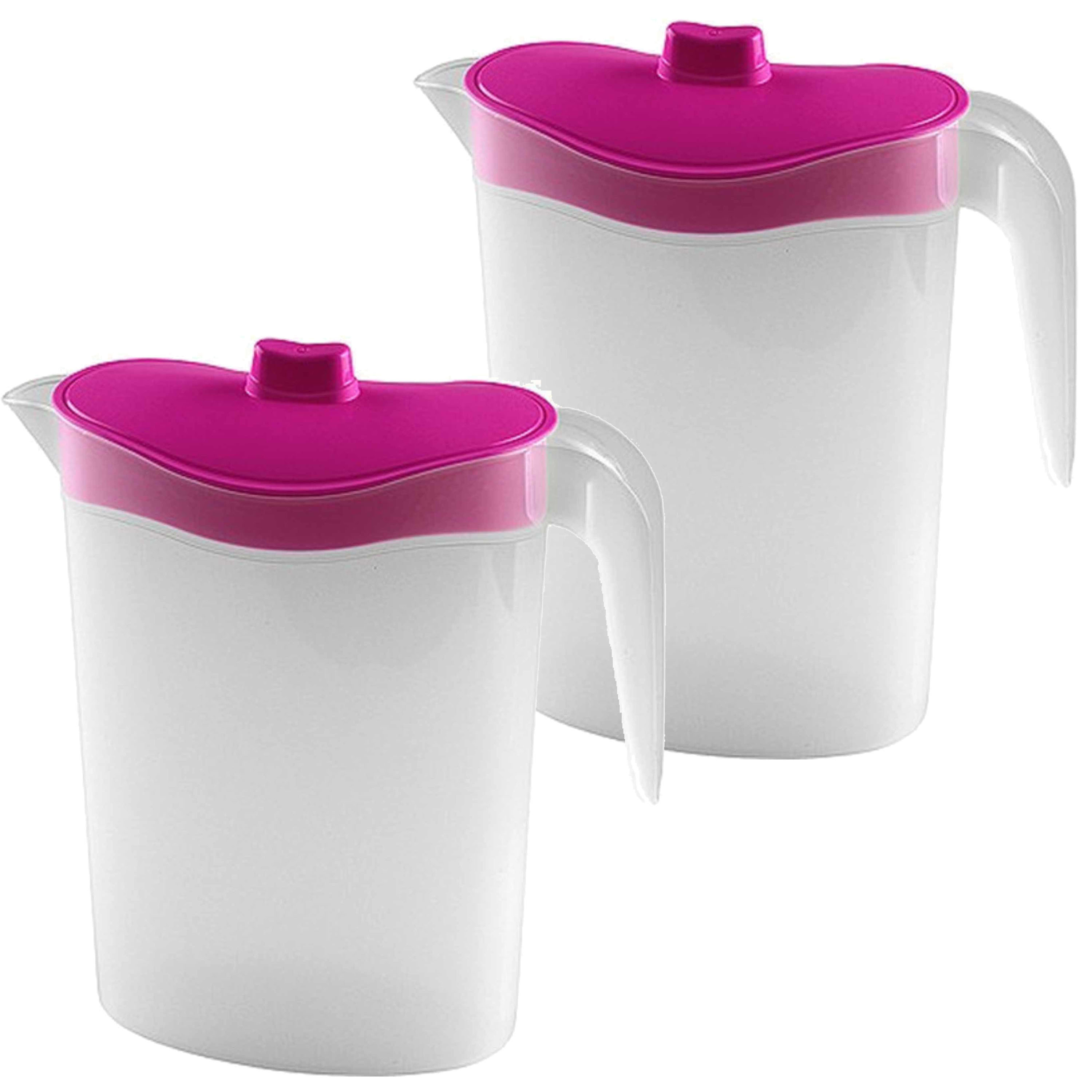 2x Smalle kunststof koelkast schenkkannen 1,5 liter met roze deksel