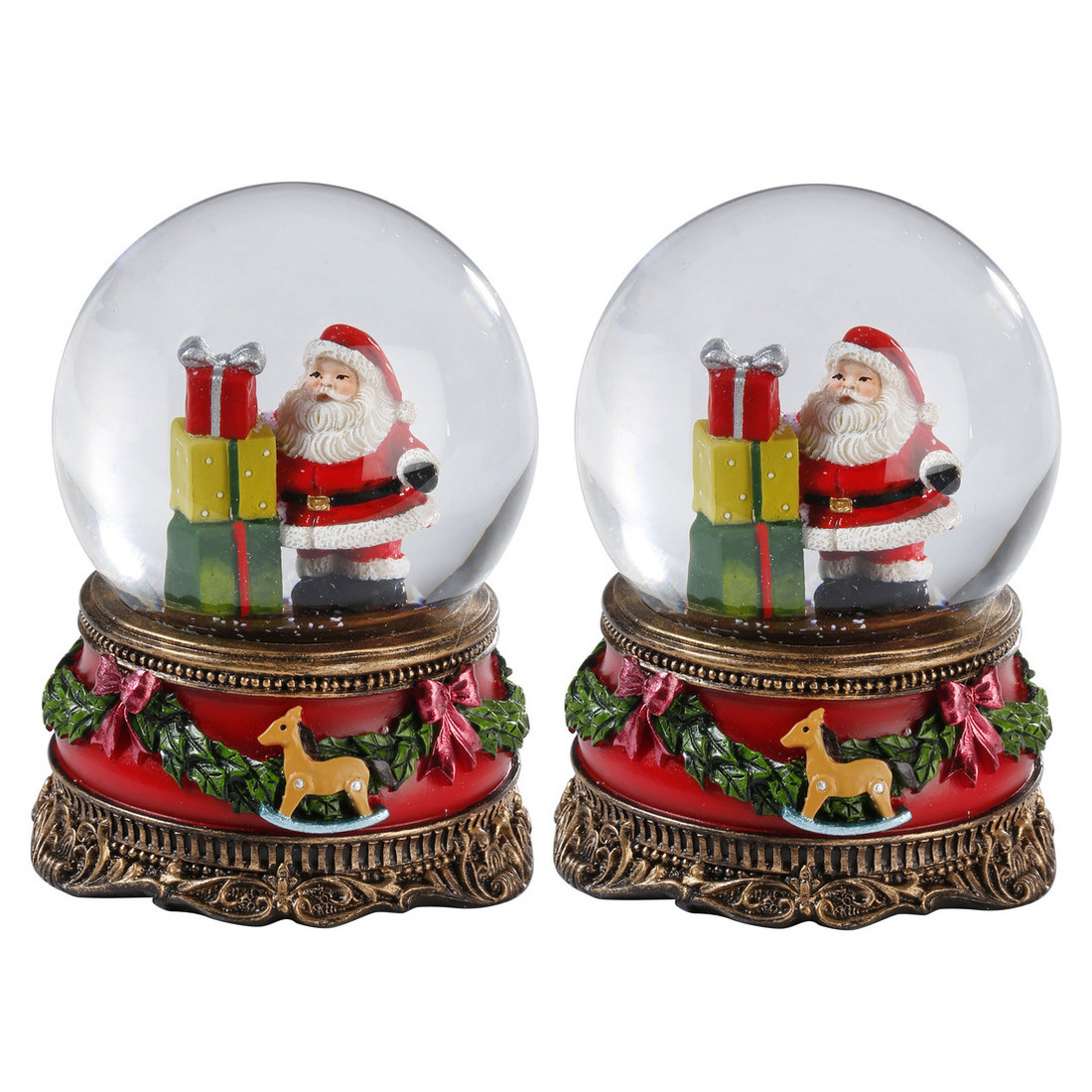 2x Sneeuwbollen-snowglobes kerstman met cadeaus 9 cm
