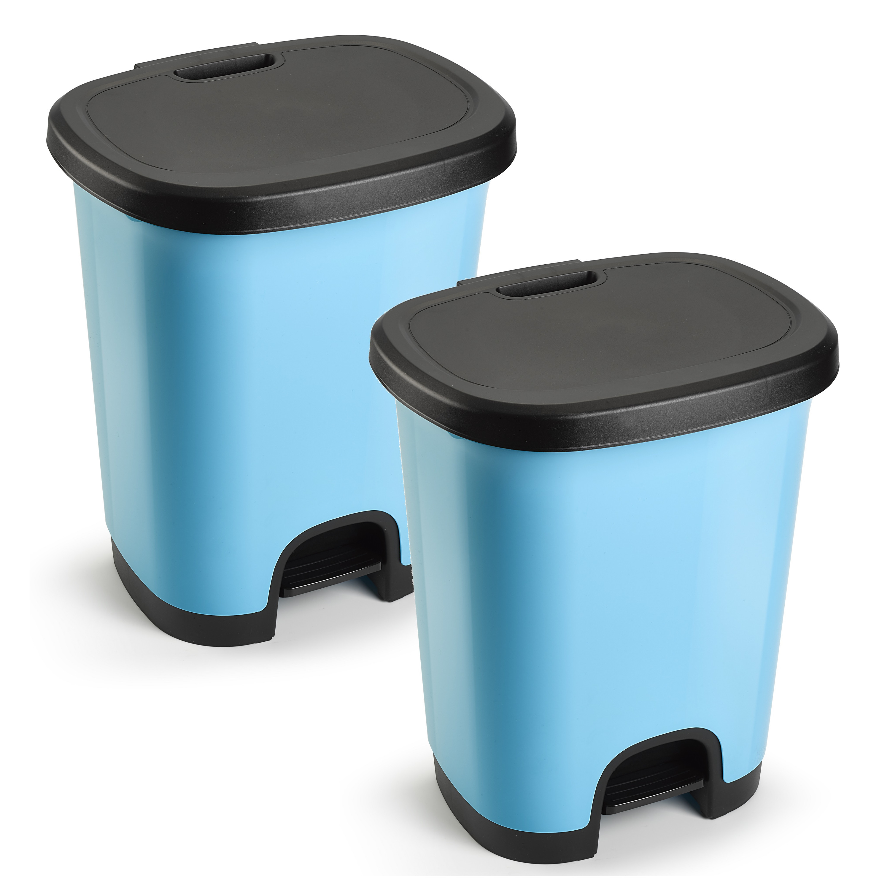 2x Stuks afvalemmer-vuilnisemmer-pedaalemmer 18 liter in het lichtblauw-zwart met deksel en pedaal