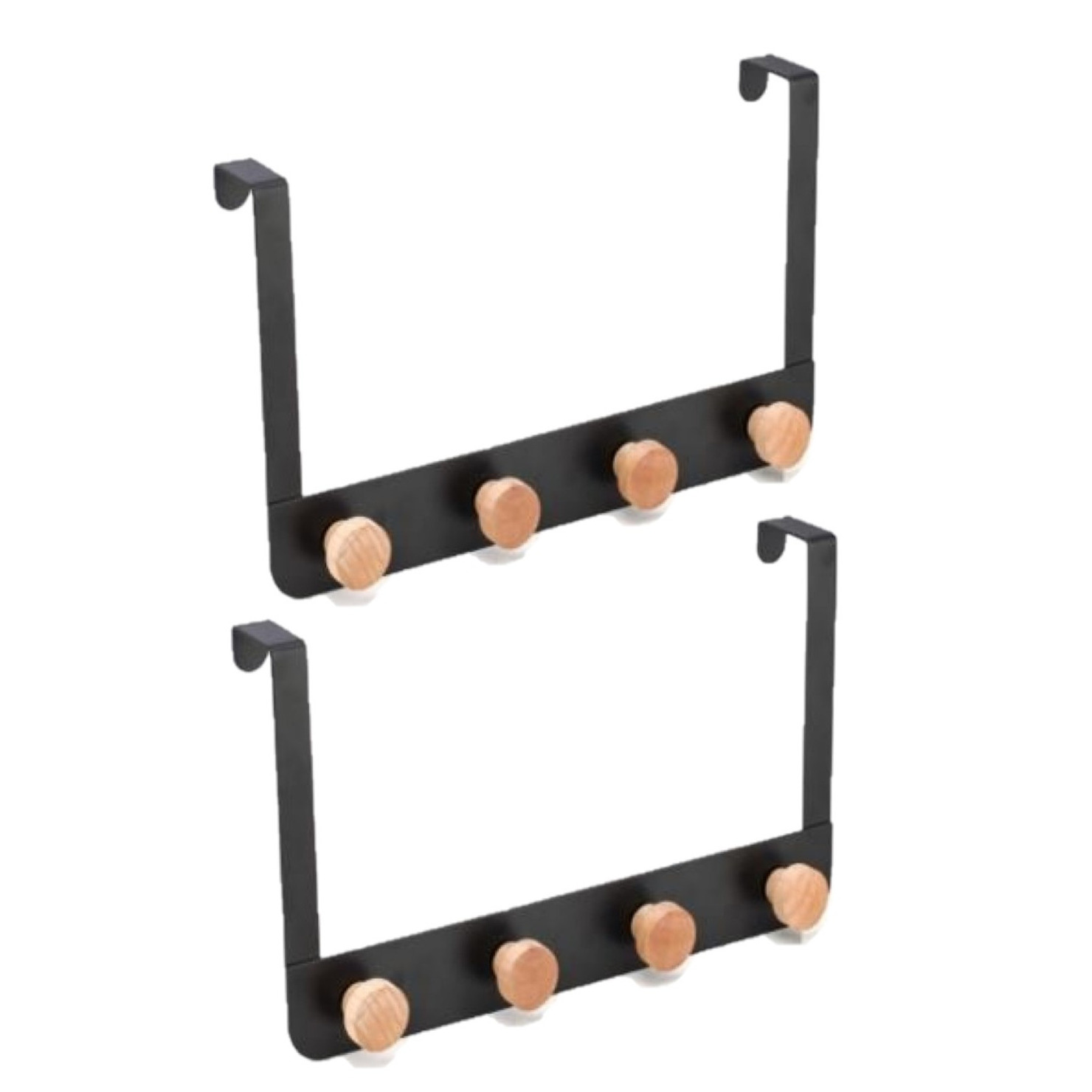 2x stuks badkamerdeur-kastdeur kapstokken zwart met 4 houten haken 35 cm
