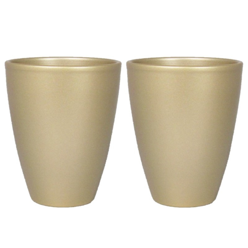 2x stuks bloempot-plantenpot vaas van keramiek in het parelgoud D13.5 en H17 cm